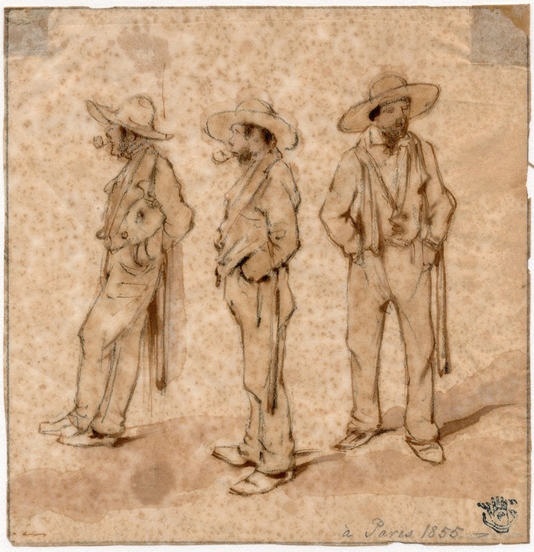 Pieter van Loon - Drie staande mannen met hoed en knuppel