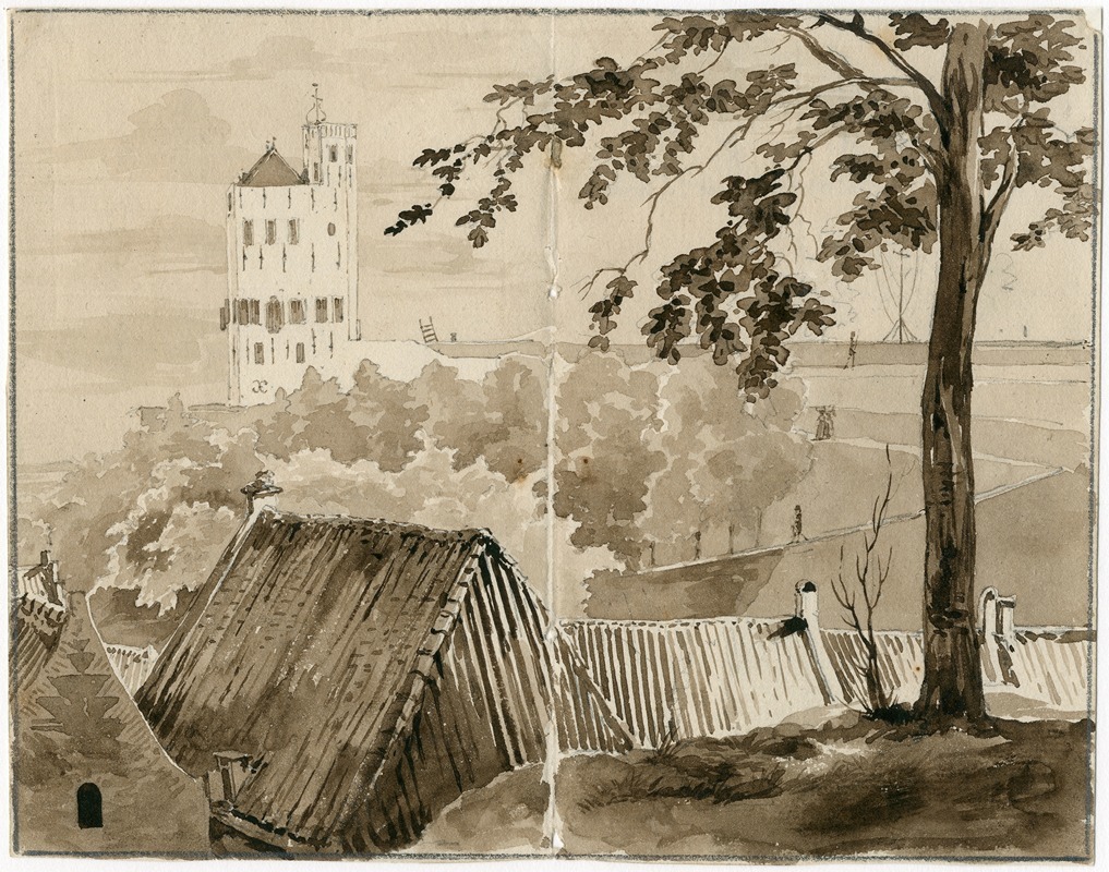 Pieter van Loon - Gezicht op kasteel over daken heen