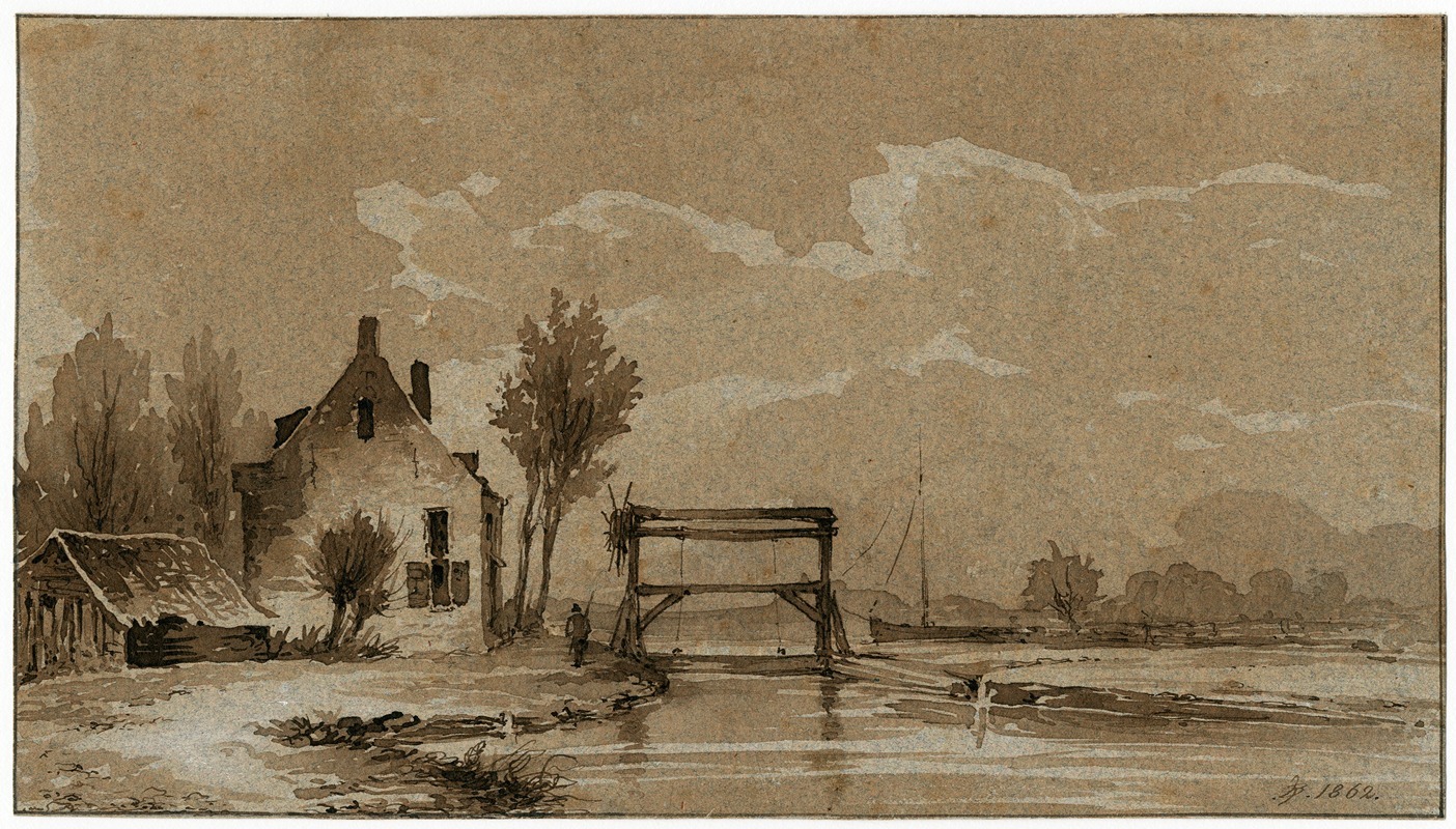 Pieter van Loon - Huis bij een overtoom in een riviertje