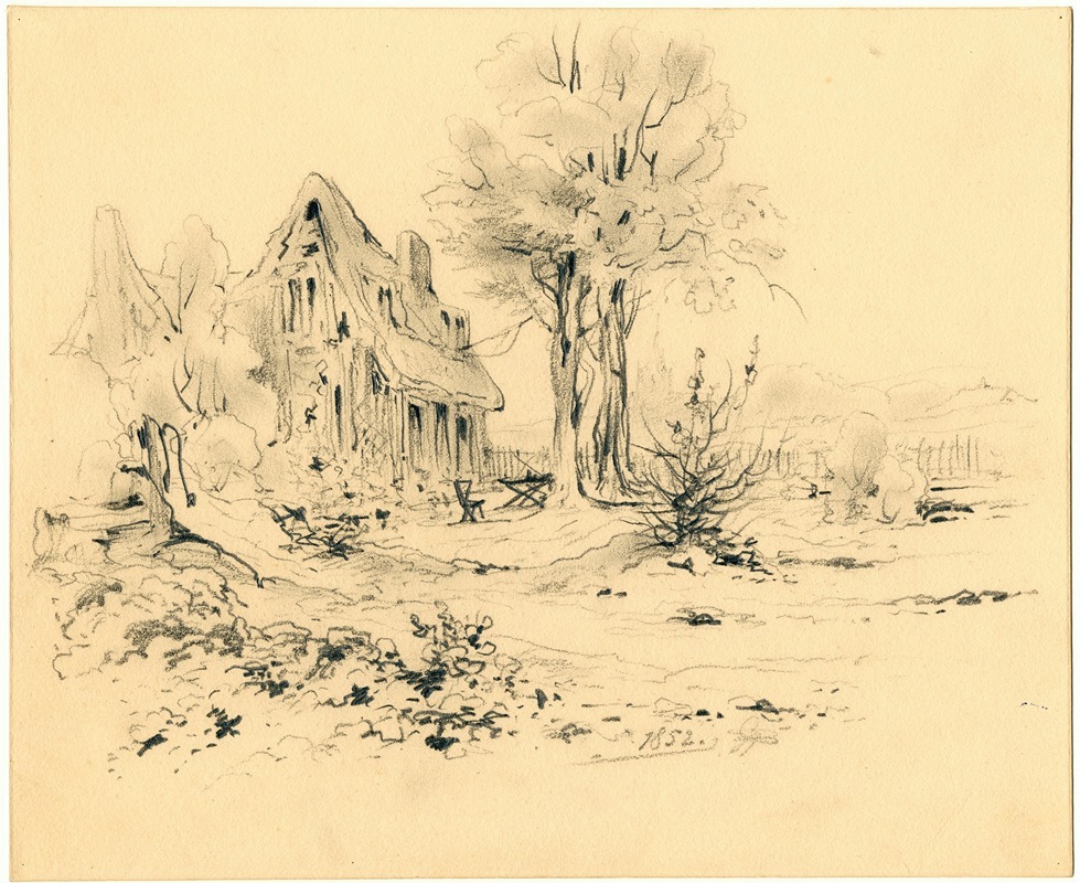 Pieter van Loon - Huis met bomen en waterpomp aan de voet van de duinen