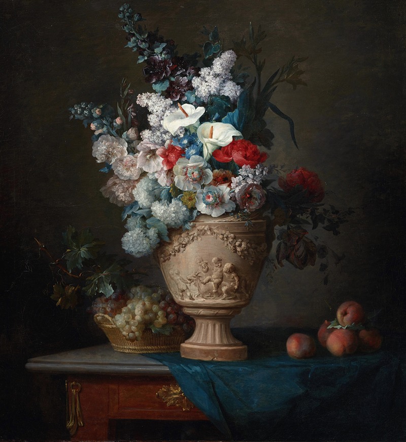 Anne Vallayer-Coster - Bouquet of Flowers in a Terracotta Vase with Peaches and Grapes