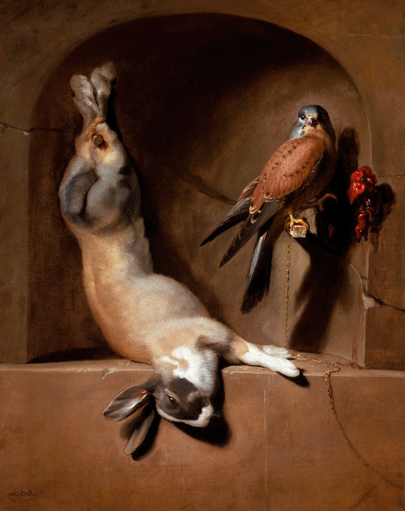 Dirck de Bray - Still Life with Dead Hare and Falcon in a Niche