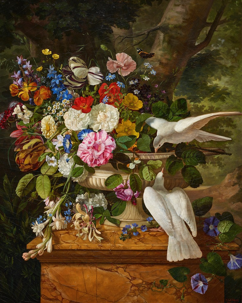 François Lepage - Flowers in a Vase with Two Doves