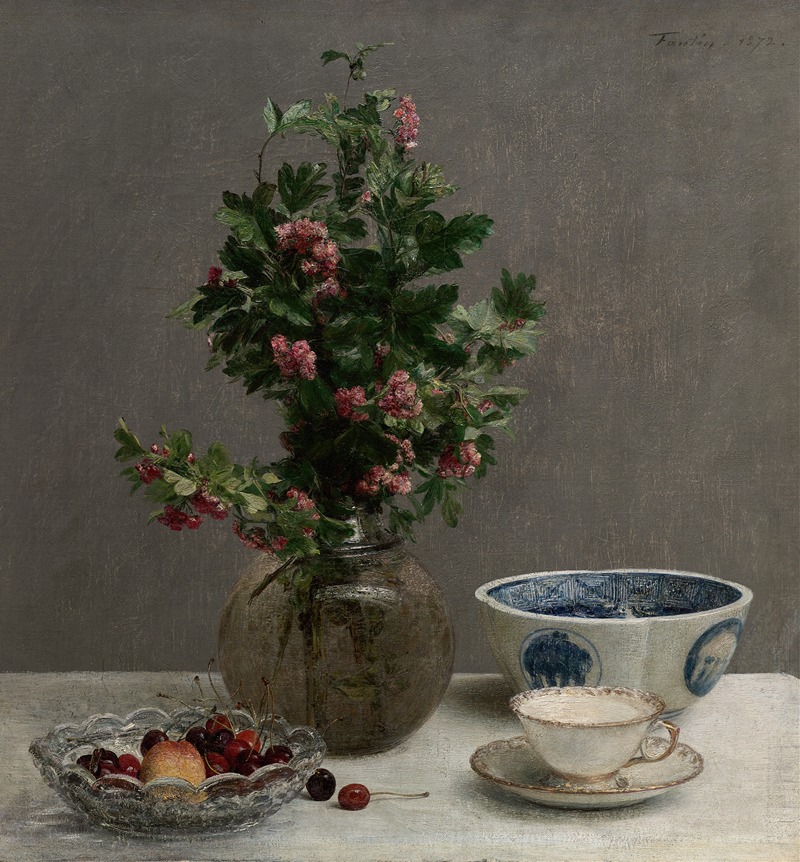 Henri Fantin-Latour - Still Life with Vase of Hawthorn, Bowl of Cherries, Japanese Bowl, and Cup and Saucer