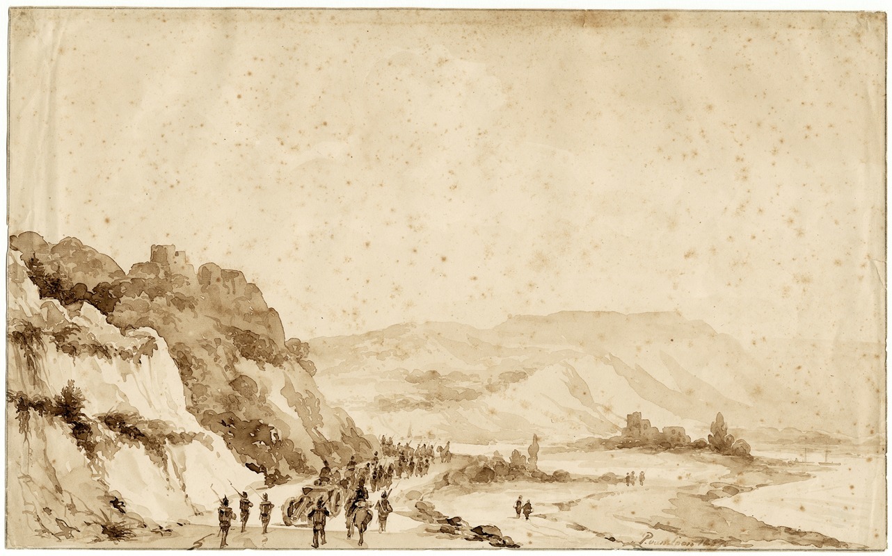Pieter van Loon - Leger trekt langs een rivier in een vallei
