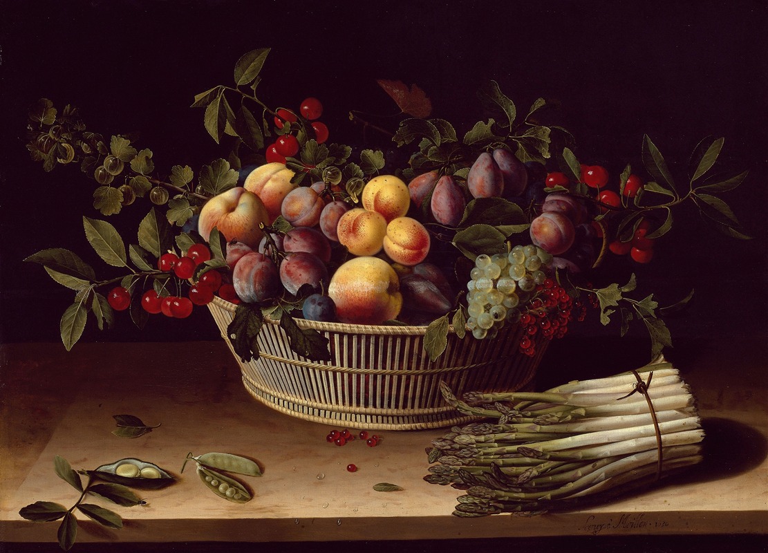Louise Moillon - Still Life with a Basket of Fruit and a Bunch of Asparagus