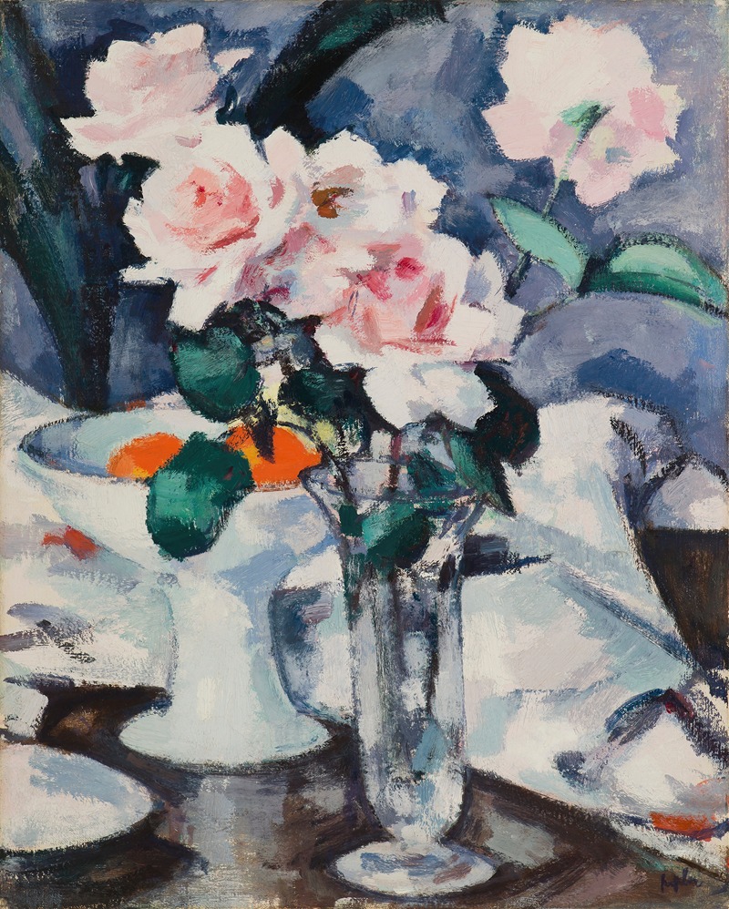Samuel John Peploe - Pink Roses in a Glass Vase