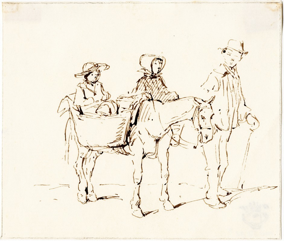 Pieter van Loon - Twee kinderen op een ezel, geleid door een man