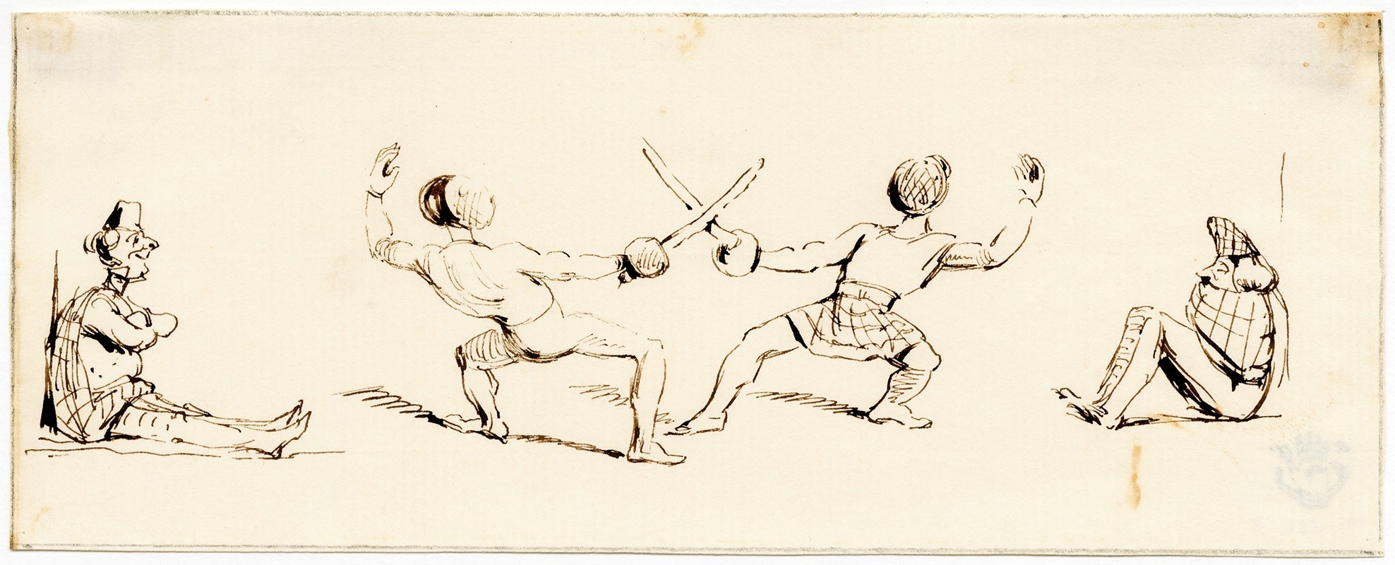 Pieter van Loon - Twee schermende figuurtjes, geflamkeerd door 2 narren