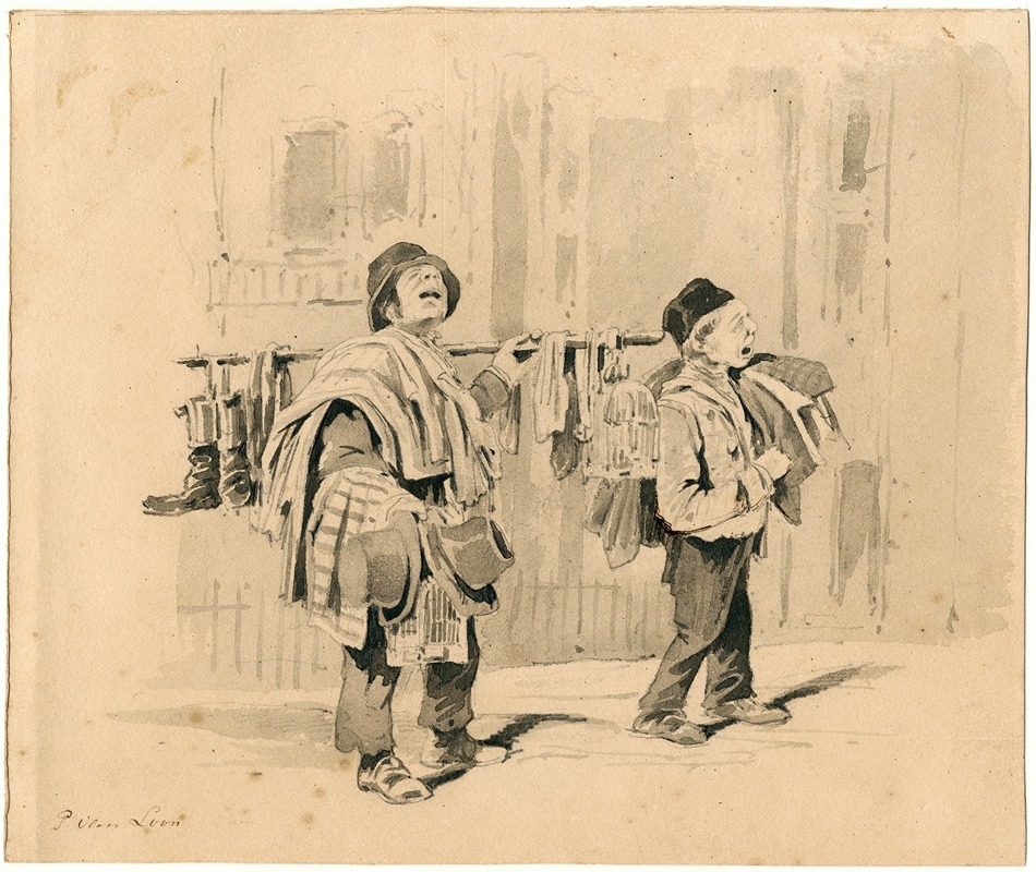 Pieter van Loon - Twee straathandelaars met kleding-koopwaar