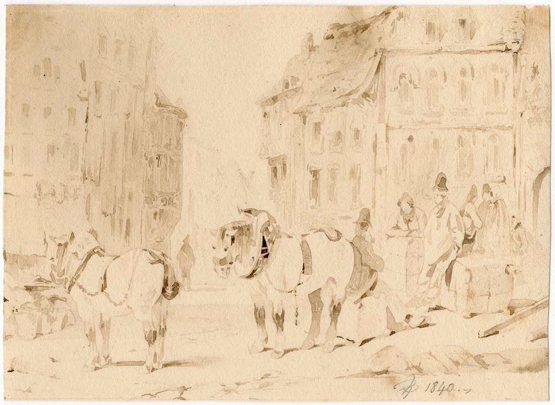 Pieter van Loon - Vrachtpaarden op een Duits marktplein