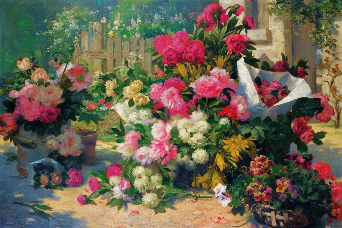 Alfred Petit - Flower Baskets And Flower Pots In A Garden