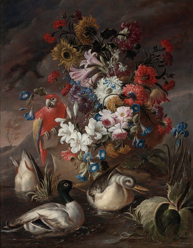 Andrea Belvedere - Floral Still Life With A Parrot And Ducks