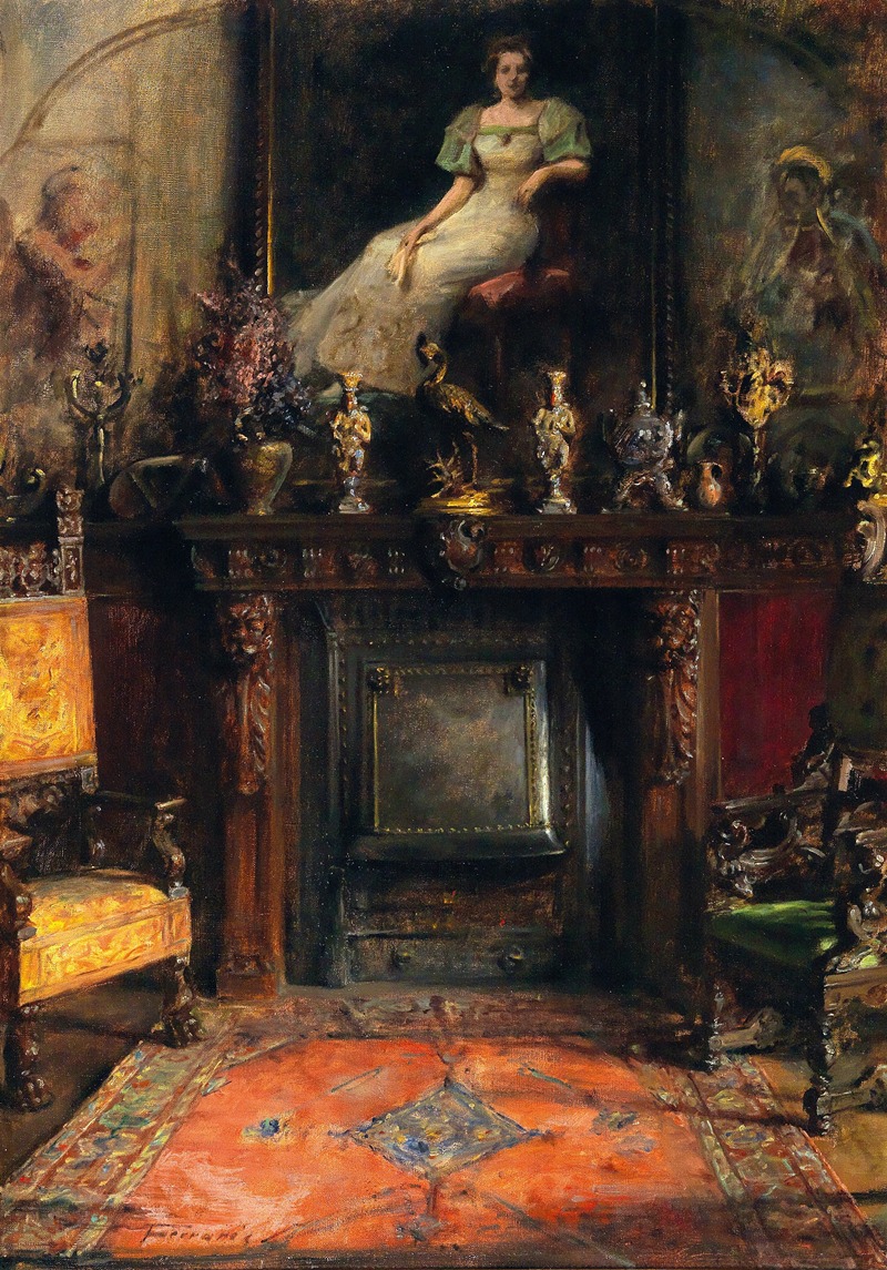 Arthur Von Ferraris - Interior With View Of A Fireplace And A Painting