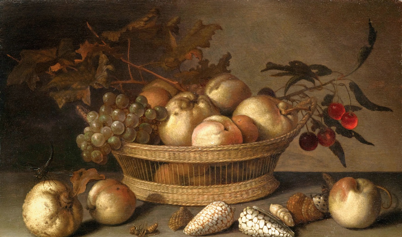 Balthasar van der Ast - A Basket With Cherries, Apples, Peaches And A Bunch Of Grapes, Surrounded By Apples, Peaches, Shells, Bees And A Dragonfly