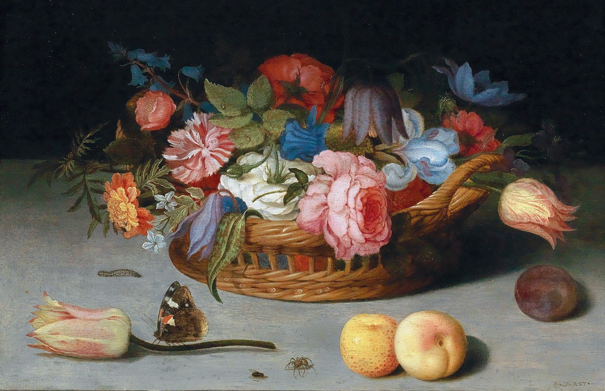 Balthasar van der Ast - Roses, Tulips, Irises And Other Flowers In A Wicker Basket, With Fruit And Insects On A Ledge