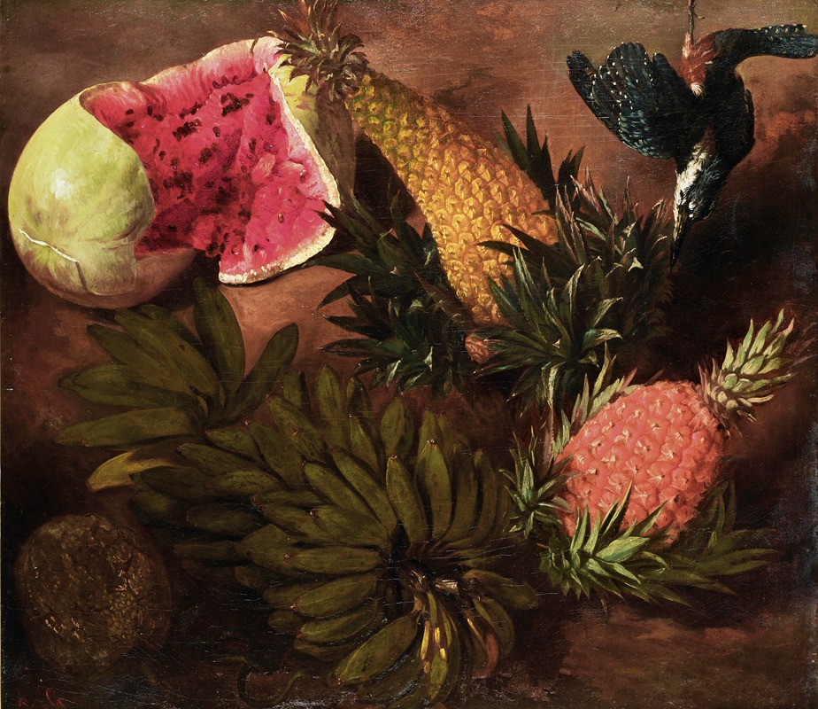 Brazilian School - Still Life With Bananas, Passion Fruit, Pineapple, Brazilian Pineapple, Jenipapo Fruit, And A Point-Tailed Palmcreeper