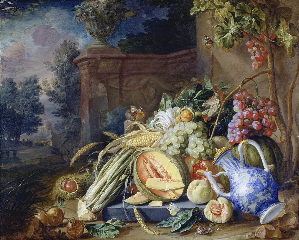 Cornelis de Heem - Still Life With Vegetables And Fruit Before A Garden Balustrade