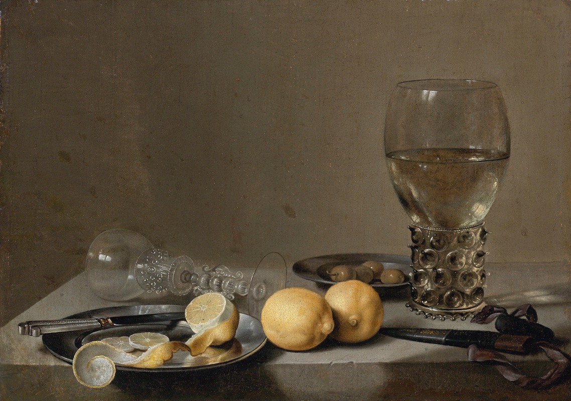 Dutch School - Still Life With A Roemer, Lemons, Olives And An Over-Turned Glass