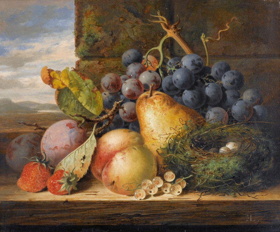 Edward Ladell - Still Life With A Bird’s Nest, A Pear, A Peach, Grapes, Strawberries And Plums
