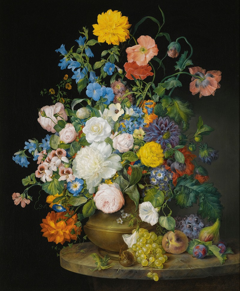 Franz Xaver Petter - A Vase Of Camellias, Geraniums, Dahlias, A White Peony, Roses, Poppies And Other Flowers, With Fruit On A Stone Ledge