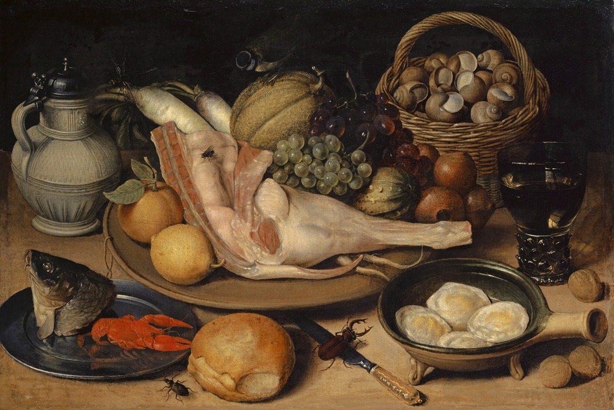 Georg Flegel - Still Life With Leg Of Veal, Insects And Titmouse