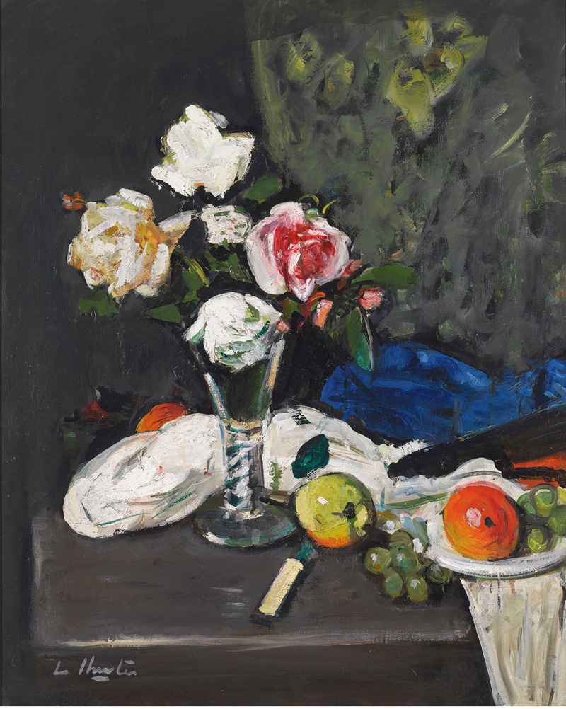 George Leslie Hunter - Still Life With Fruit And Roses In A Wine Glass