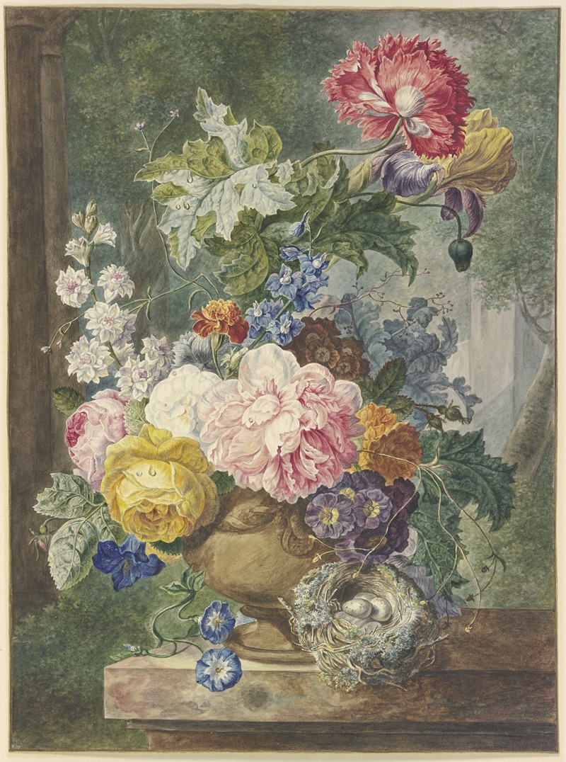 Georgius Jacobus Johannes van Os - Blumenstrauß In Einer Vase, Dabei Ein Vogelnest