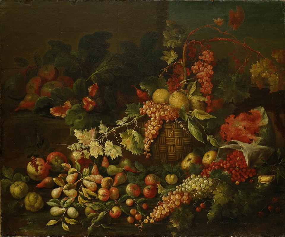 Giuseppe Ruoppolo - Still Life With Fruit Basket In Front Of A Wall