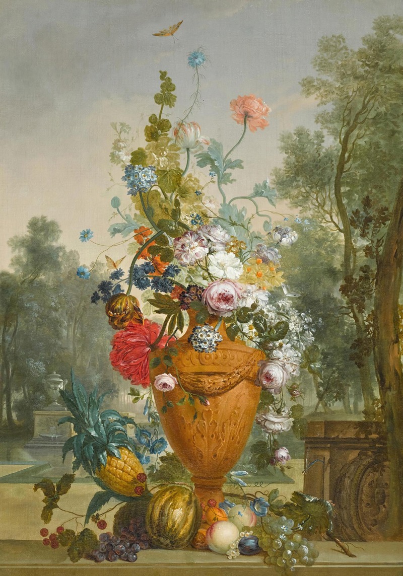 Jacobus Linthorst - A Vase Of Peonies, Chrysanthemums And A Carnation With Exotic Fruits In A Garden