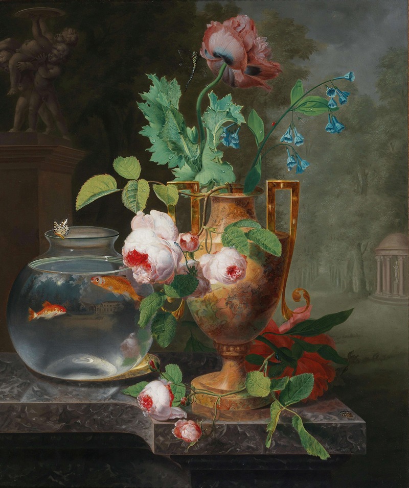 Jean Baptiste Berré - Still Life With Flowers In A Vase And Goldfish Bowl