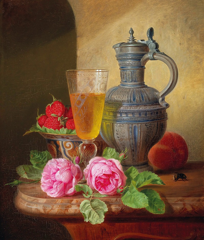Josef Schuster - Still Life With Roses And Strawberries