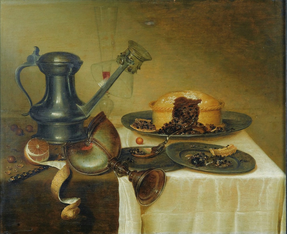 Maerten Boelema De Stomme - Still Life With A Pitcher, A Lemon, A Pie And A Nautilus Cup On A Wooden Ledge