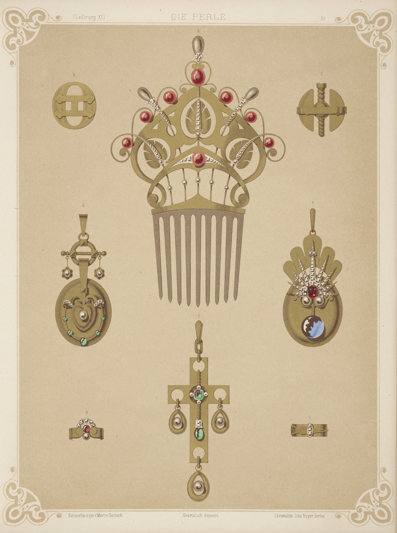 Martin Gerlach - Eight Designs For Jewelry, Including Gold Comb With Red And Gray Pearls.