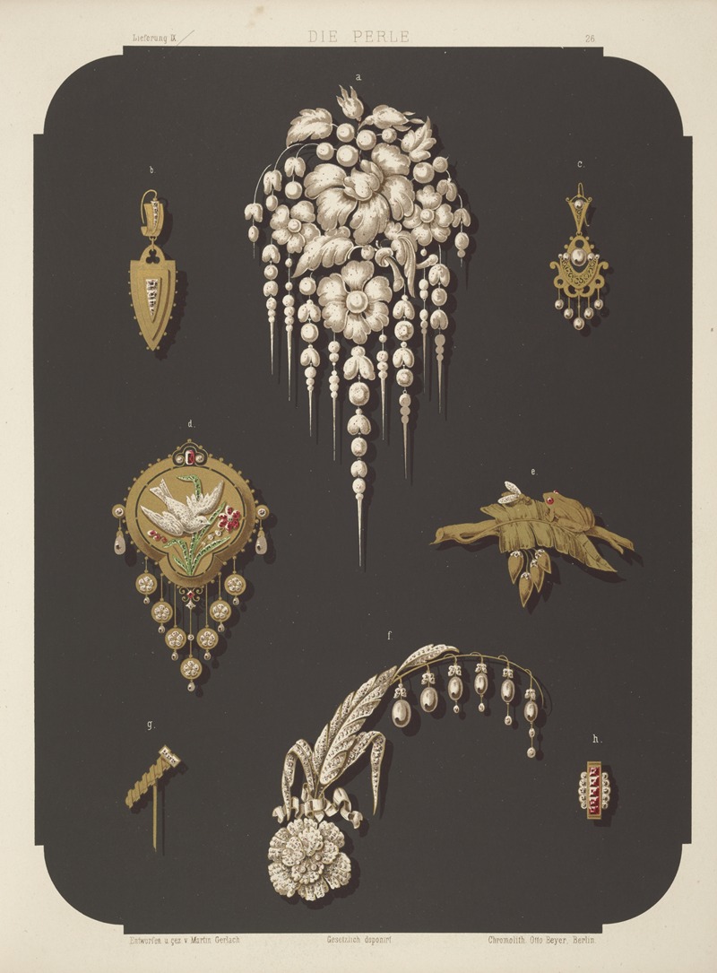 Martin Gerlach - Eight Designs For Jewelry, Including Large Pin With Pearls And Flowers.