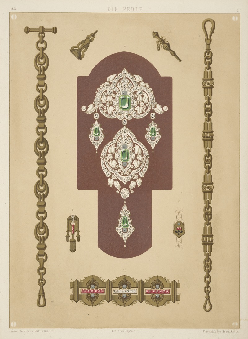 Martin Gerlach - Eight Designs For Jewelry, Including Pins With Diamonds And Green Stones.