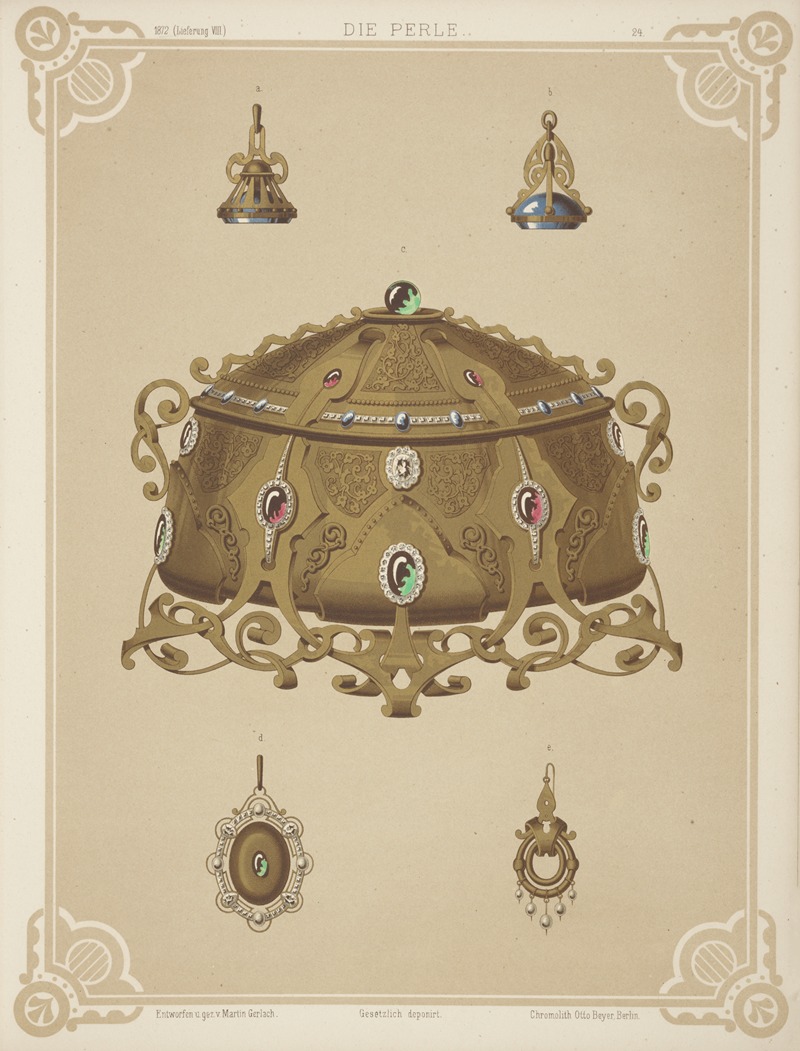 Martin Gerlach - Five Designs For Jewelry, Including Gold Crown With Red And Green Stones.
