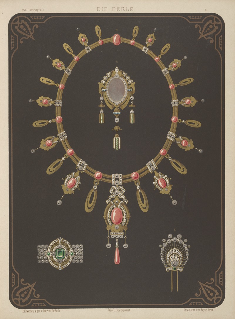 Martin Gerlach - Four Designs For Jewelry, Including Large Necklace With Pink Stones.