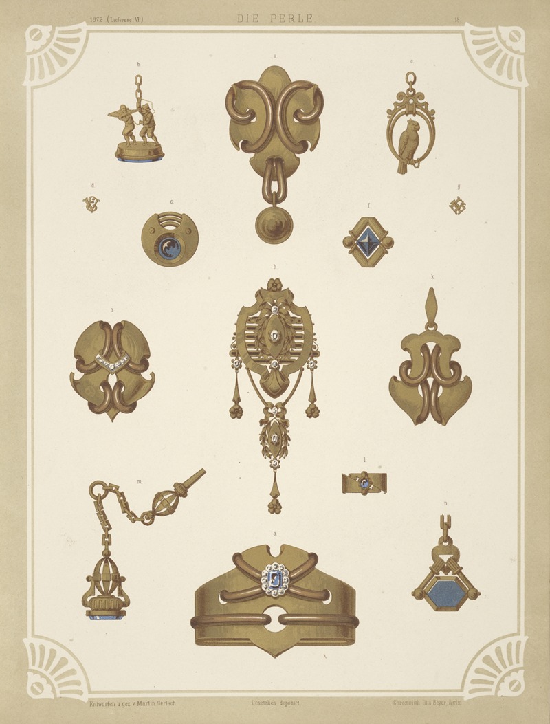 Martin Gerlach - Fourteen Designs For Jewelry, Including Gold Brooches And Pins Containing Blue Stones.