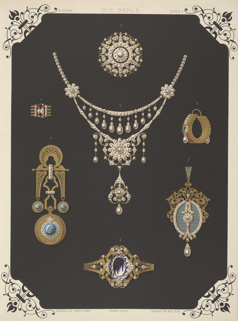 Martin Gerlach - Ii Jahrgang (Liefr. I) 2. [Seven Designs For Jewelry, Including Necklace With Pearls And Diamonds With Central Flower Shape.]