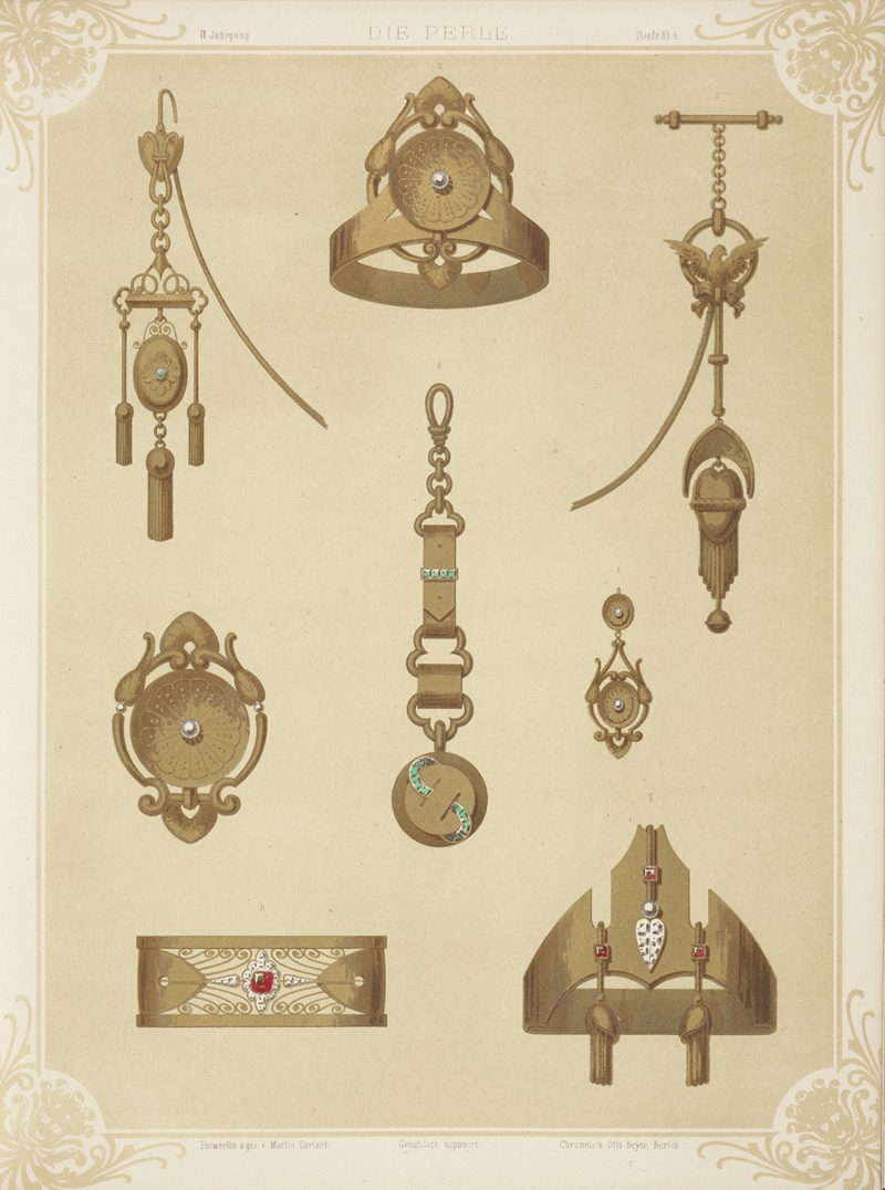 Martin Gerlach - Ii Jahrgang (Liefr. Ii) 4. [Eight Designs For Jewelry, Including Gold Pieces With Green Stones And Pearls.]