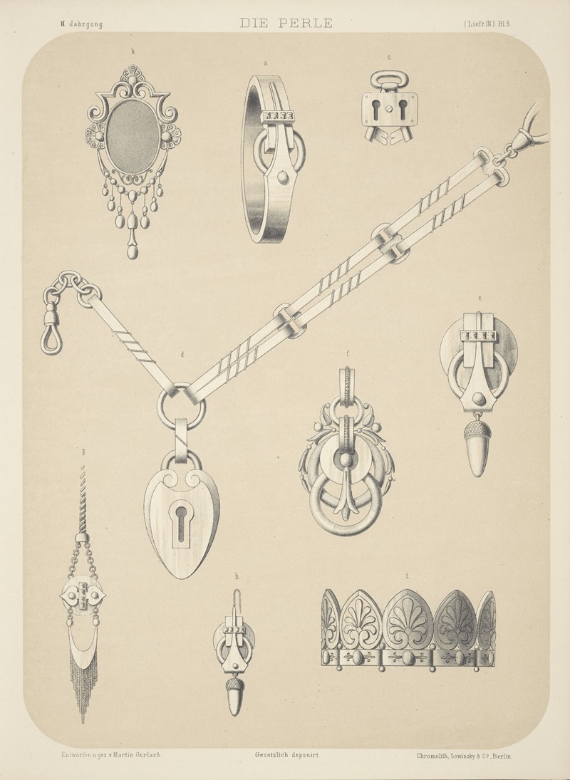 Martin Gerlach - Ii Jahrgang (Liefr. Iii) Bl. 9. [Nine Designs For Jewelry, Including Necklace With Pendant In Shape Of Lock.]