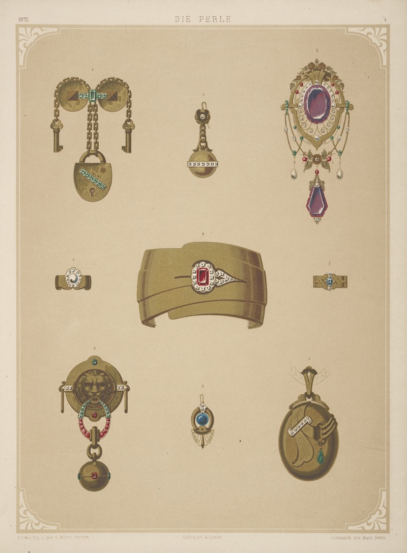 Martin Gerlach - Nine Designs For Jewelry, Including Gold Bracelet With Red Stone.