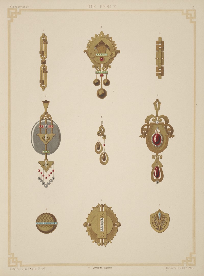 Martin Gerlach - Nine Designs For Jewelry, Including Gold Brooch With Green And Red Stones.