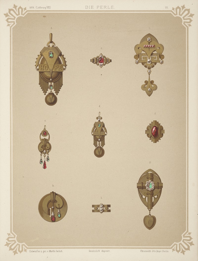 Martin Gerlach - Nine Designs For Jewelry, Including Gold Brooch With Green Stones And Word Hope.