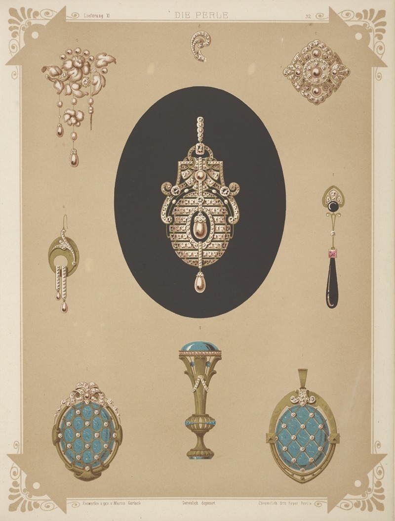 Martin Gerlach - Nine Designs For Jewelry, Including Large Brooch Of Pearls And Diamonds.