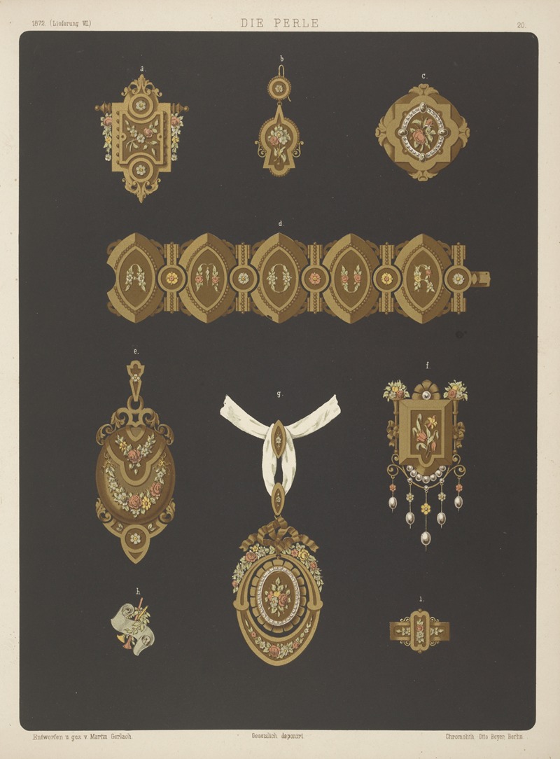 Martin Gerlach - Nine Designs For Jewelry, Including Large Gold Pendant With Green, Yellow, And Pink Flowers.