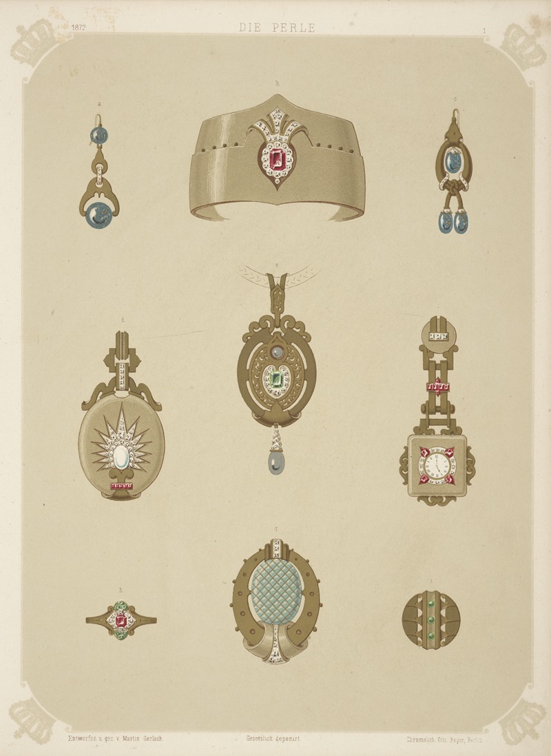 Martin Gerlach - Nine Designs For Jewelry, Including Pointed Gold Bracelet With Red Stone And Diamonds.