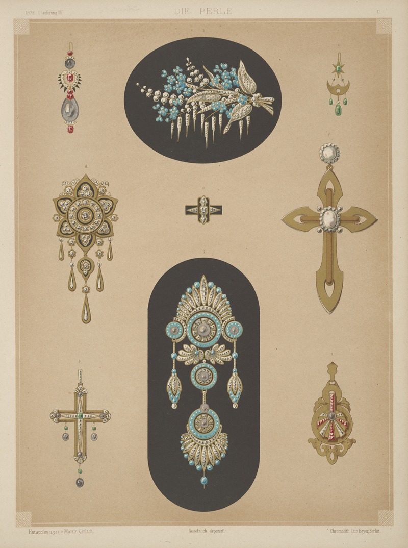 Martin Gerlach - Nine Designs For Jewelry, Including Two Large Pins With Blue Stones And Diamonds.