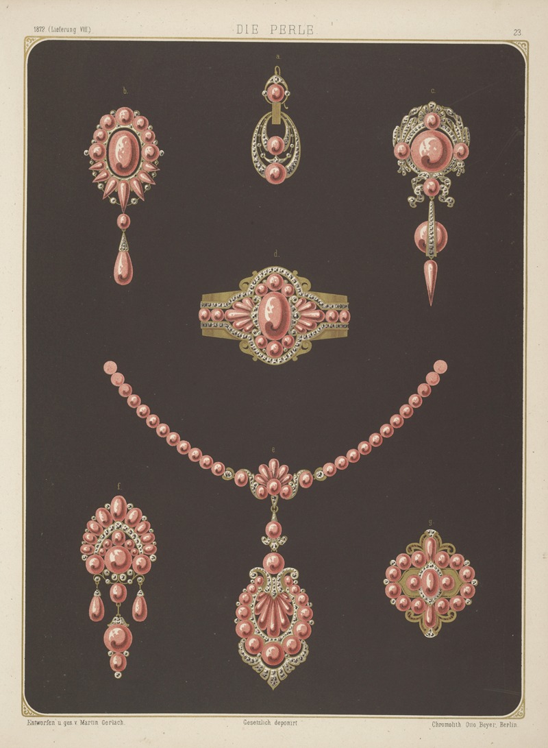 Martin Gerlach - Seven Designs For Jewelry, Including Bracelets, Earrings, And Necklace With Pink Pearls.